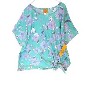 Ruby Rd Woman Turquoise Floral Print Poncho Tunic Top Shirt Plus Size 3X